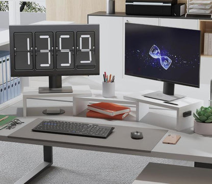 Wooden Dual Monitor Stand Riser with Smartphone Holder, Adjustable Length & Swivel Angle