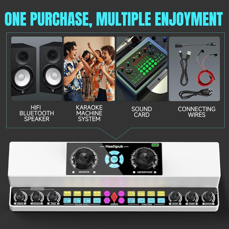 Heetipuk Y6 Live Streaming Sound Card Mixer Karaoke Machine Easy to Set up with Dual Speakers, One Step Sound Correction, 5200Mah Battery Pefect for Indoor or OUTDOOR Live Streaming, Podcast, Family Party. Home Amplifier Studio Equipment