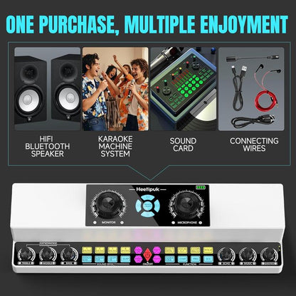 Heetipuk Y6 Live Streaming Sound Card Mixer Karaoke Machine Easy to Set up with Dual Speakers, One Step Sound Correction, 5200Mah Battery Pefect for Indoor or OUTDOOR Live Streaming, Podcast, Family Party. Home Amplifier Studio Equipment