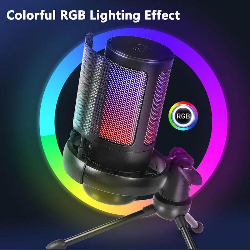 USB Microphone, USB Gaming Microphone with Anti-Vibration Shock Mount, Multipurpose Microphones with RGB Light & Pop Filter, Plug & Play Noise Cancellation Condenser Mic with Monitoring & Mute & Touch Control for Streaming & Podcasting