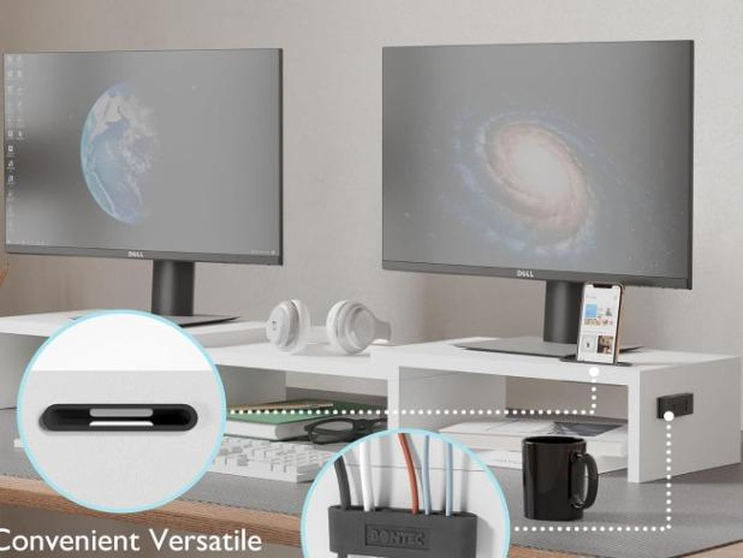 Wooden Dual Monitor Stand Riser with Smartphone Holder, Adjustable Length & Swivel Angle