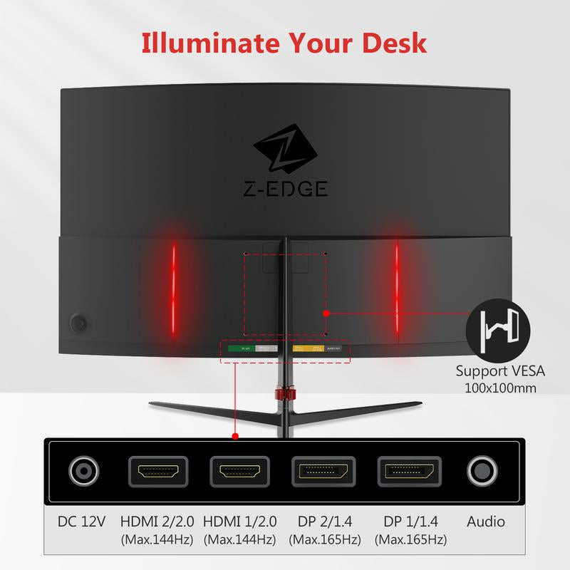 Z-EDGE 27" 165Hz QHD Curved Gaming Monitor 2560X1440 1Ms Response Time Frameless Design Freesync DP HDMI