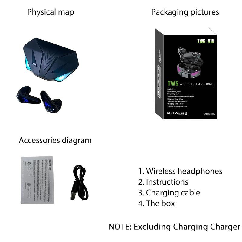 Wireless In-Ear Design Earphone, Bluetooth-Compatible Noise Cancelling Gaming Headset, Sports Headset with Power Display & Light for Sports Running Call