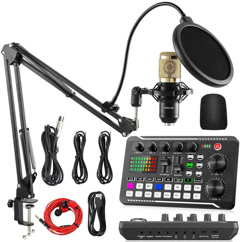 Facmogu Podcast Equipment Bundle, F998 Live Sound Card with BM800 Recording Studio Microphone, Professional Live Sound Card W/Dj Mixer Effects & Voice Changer for Live Streaming Gaming Youtube Tiktok