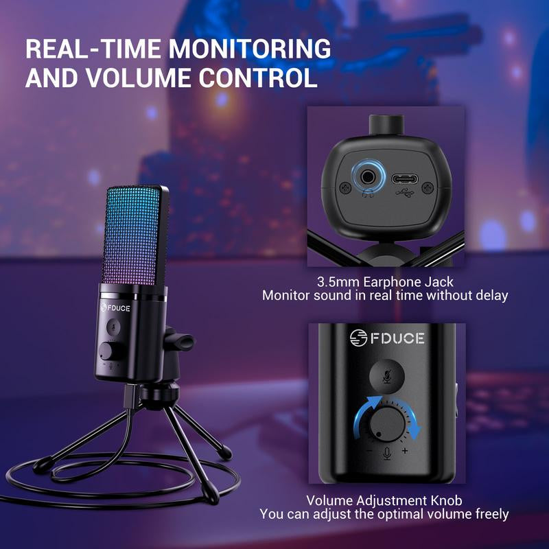 FDUCE Gaming USB Microphone for PC,RGB Condenser Computer Mic with Tripod Stand,Quick Mute,Gain Control,Cardioid Mic for Streaming, Podcast, Twitch, Youtube, PC, Computer, PS5, (M160) Microphones Adapter Audio Cable Fi Fine Usb Microphone Microphone