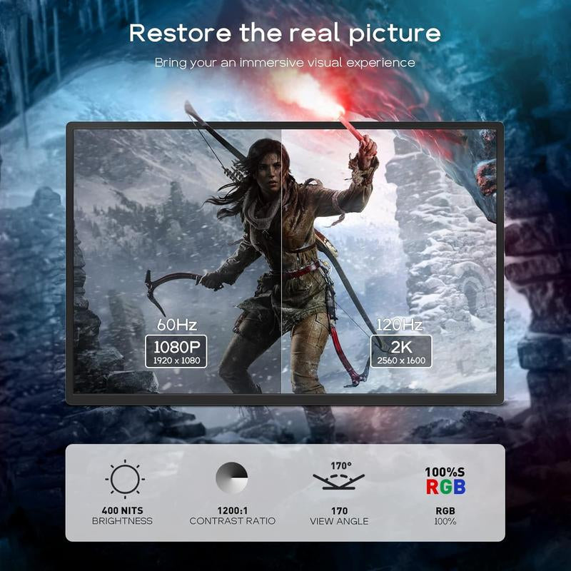 AYY 2K Portable Gaming Monitor 16'' 120Hz 2560X1600 QHD Travel Laptop IPS Computer External Second Screen USB C HDMI Monitor W/Smart Cover for PC MAC Xbox PS5/4