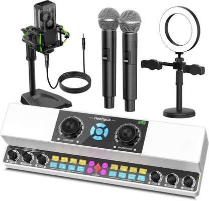 Heetipuk Y6 Live Streaming Sound Card Mixer Karaoke Machine Easy to Set up with Dual Speakers, One Step Sound Correction, 5200Mah Battery Pefect for Indoor or OUTDOOR Live Streaming, Podcast, Family Party. Home Amplifier Studio Equipment