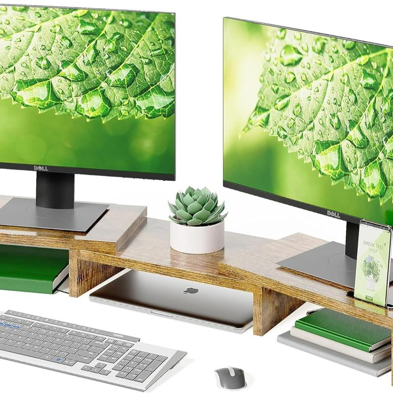 Wooden Dual Monitor Stand Riser with Smartphone Holder, Adjustable Length & Swivel Angle