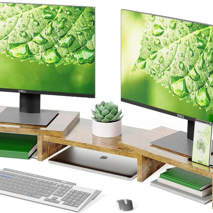 Wooden Dual Monitor Stand Riser with Smartphone Holder, Adjustable Length & Swivel Angle