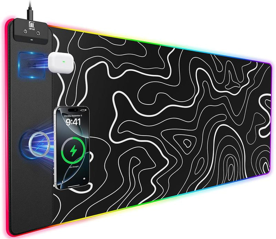 XXL Gaming Mouse Pad with Magnetic Wireless Charging, Large Desk Pad Protector, RGB Black Mousepad Desk Mat with 15W Fast Charger, 4Mm Thick Non-Slip, Waterproof Laptop Writing Pad for Office, Home, Gaming Mouse Pad Desktop Accessory