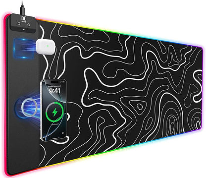 XXL Gaming Mouse Pad with Magnetic Wireless Charging, Large Desk Pad Protector, RGB Black Mousepad Desk Mat with 15W Fast Charger, 4Mm Thick Non-Slip, Waterproof Laptop Writing Pad for Office, Home, Gaming Mouse Pad Desktop Accessory