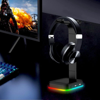 ROLLFORALL RGB Gaming Headset Stand with 2 USB Ports,Game Headphone Mount for Xbox One/Ps4/Switch/Earphone Holder Hanger,Gaming Charging Stations