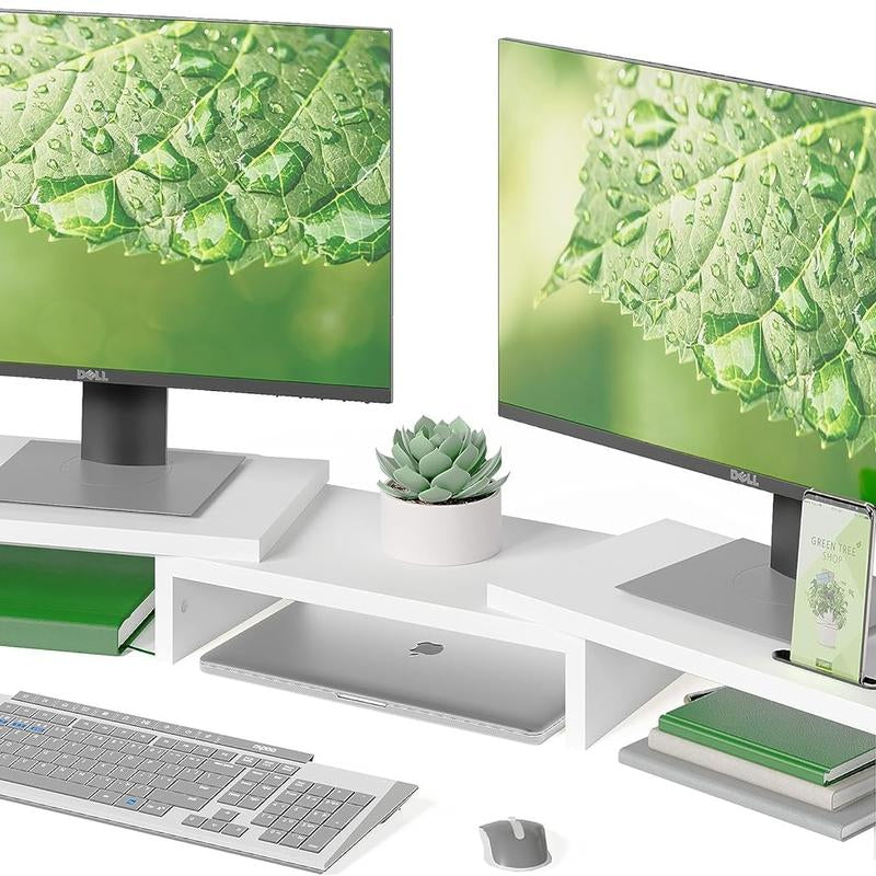 Wooden Dual Monitor Stand Riser with Smartphone Holder, Adjustable Length & Swivel Angle