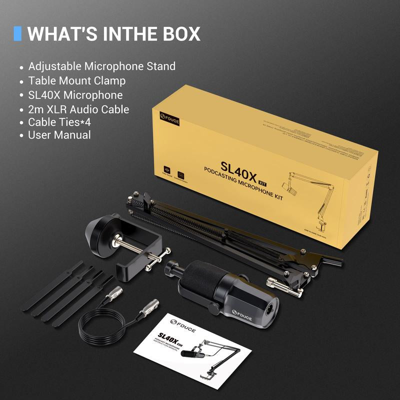 FDUCE SL40X XLR Dynamic Microphone Kit for Vocal Recording, Podcasting, Gaming, Live Streaming&Broadcasting, All Metal Cardioid Mic, Voice-Isolating Technology -Black Microphones Audio Mount Smartphone